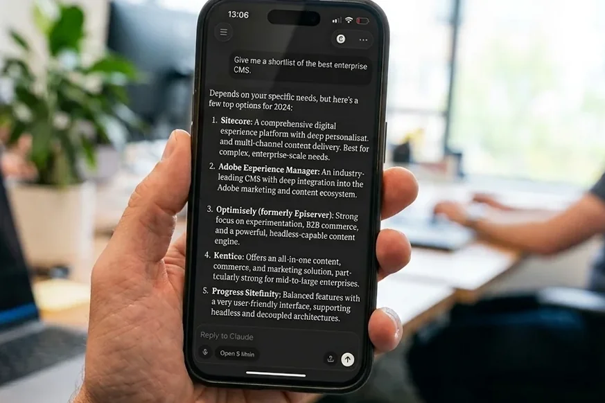 Claude suggesting an enterprise CMS shortlist on a phone
