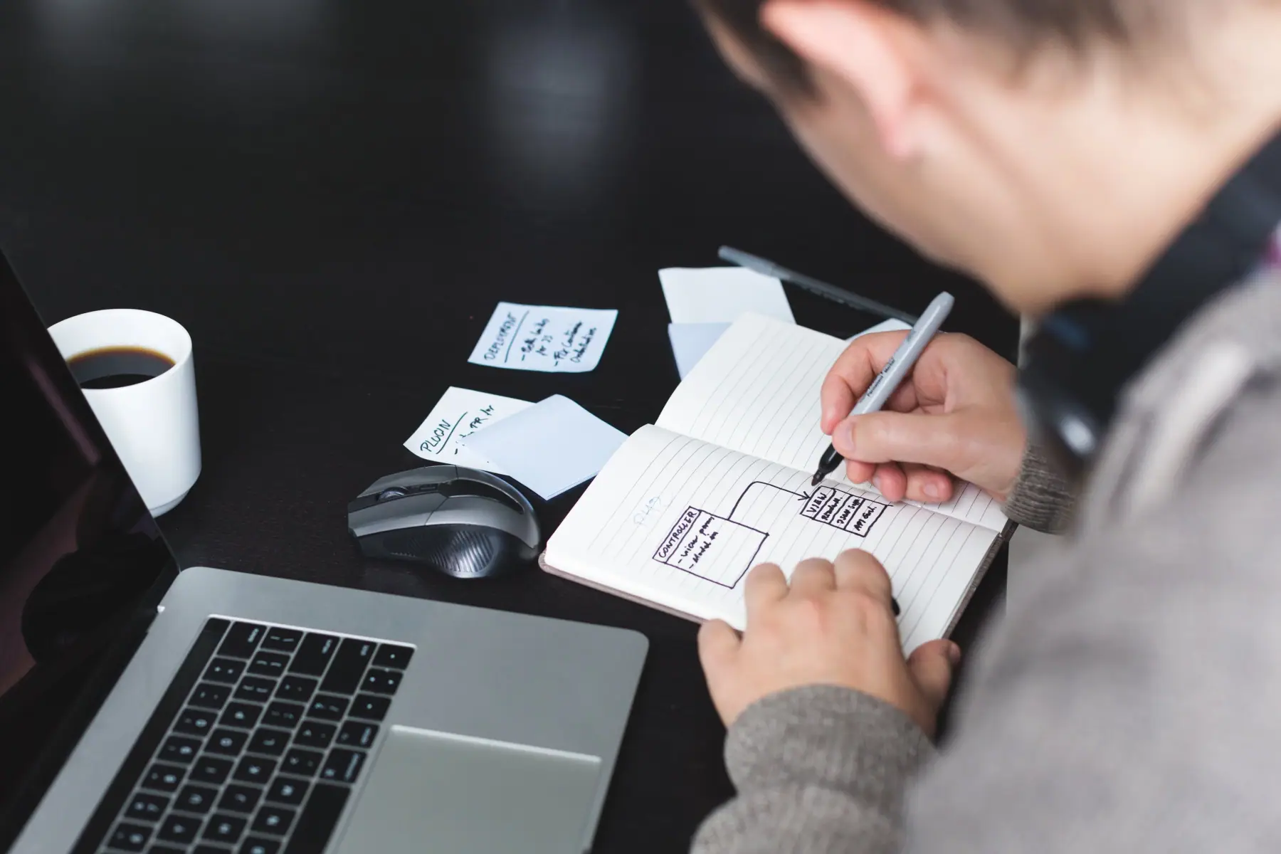 Software planning notes spread across a desk